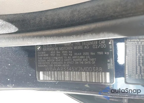 2000 BMW 323It from USA, damaged, VIN WBAAR3345YJM00388